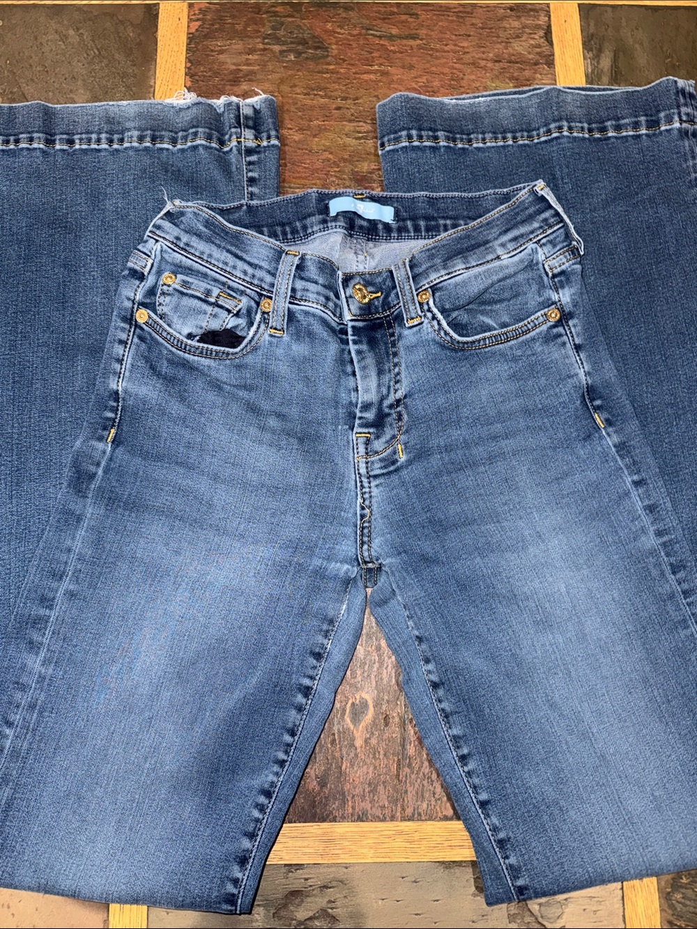7 For All Mankind Blue Bootcut Jeans with Contrast Stitching - Picture 2 of 3